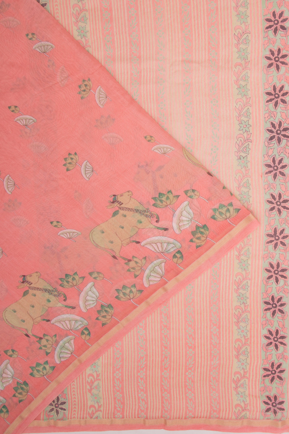 Chanderi Silk Pichwai Printed Peach Saree