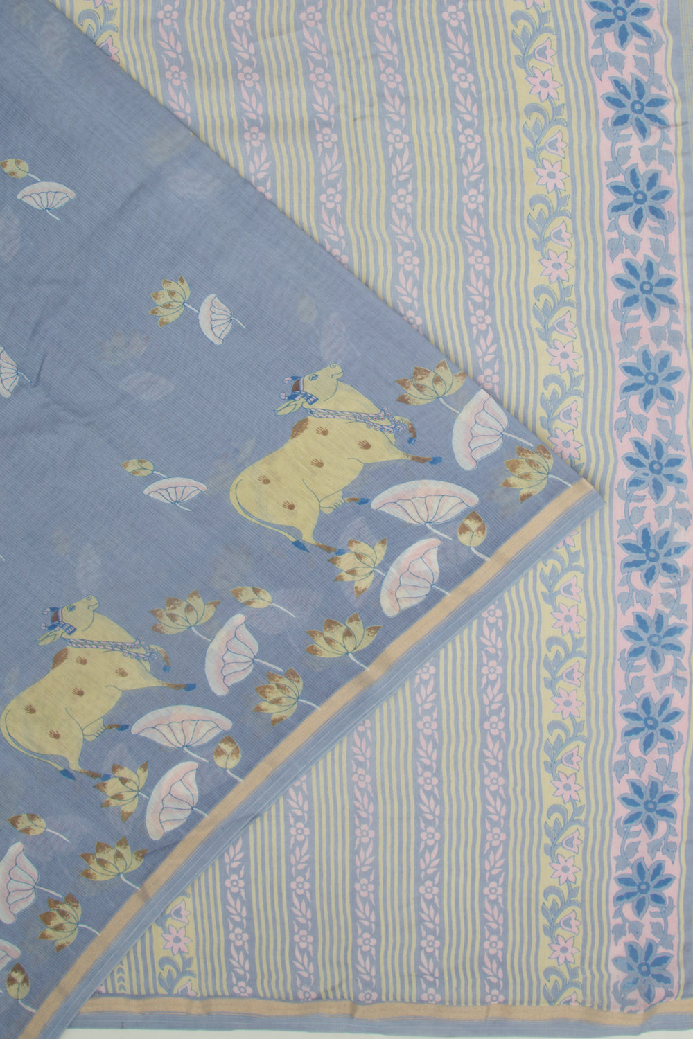 Chanderi Silk Pichwai Printed Pastel Blue Saree