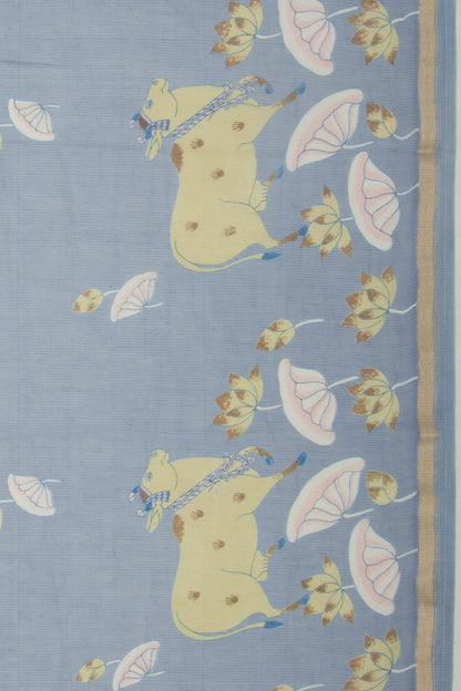 Chanderi Silk Pichwai Printed Pastel Blue Saree