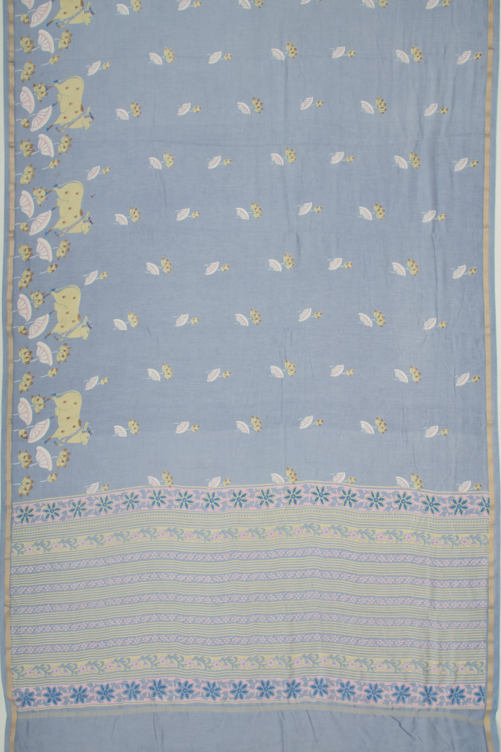 Chanderi Silk Pichwai Printed Pastel Blue Saree