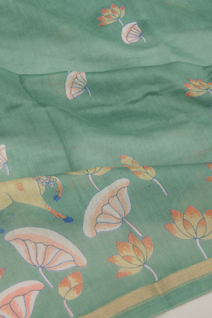 Chanderi Silk Pichwai Printed Green Saree
