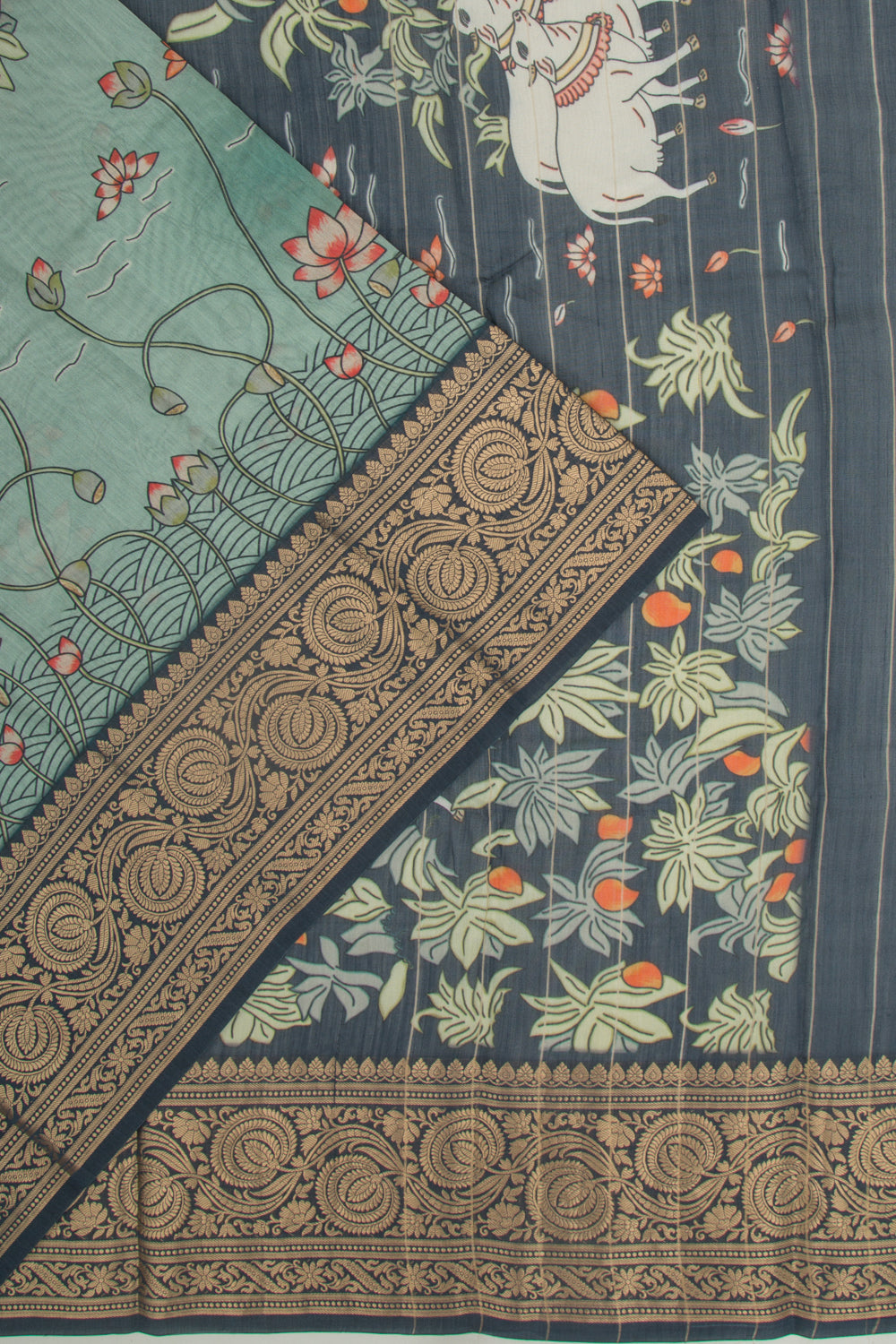 Chanderi Silk Pichwai Printed Green Saree