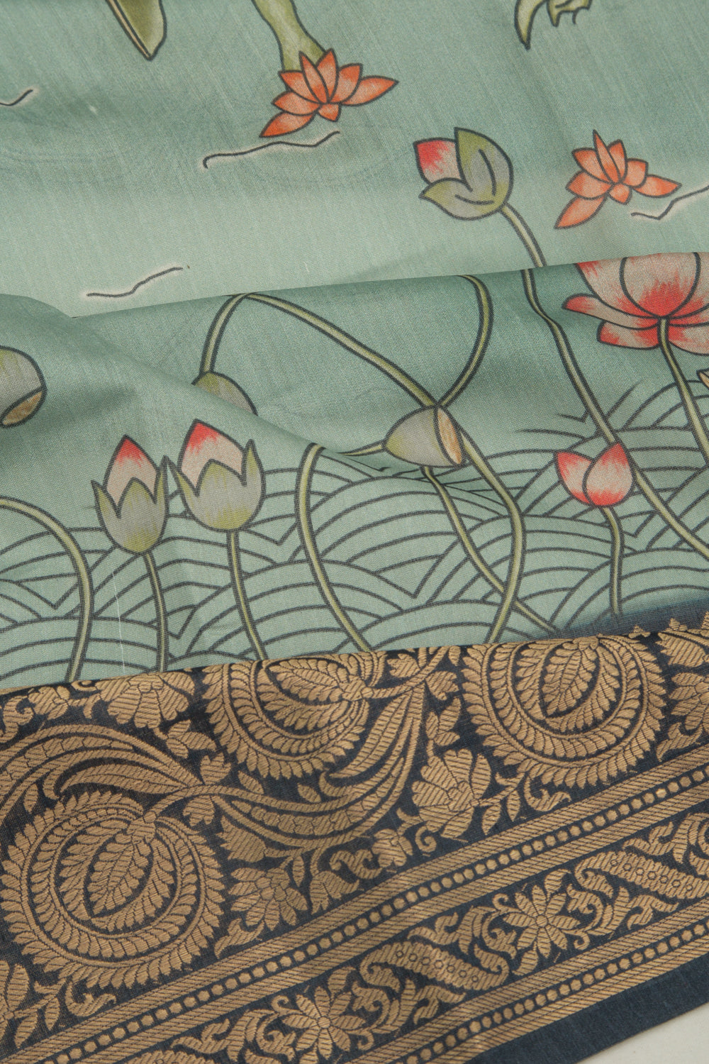 Chanderi Silk Pichwai Printed Green Saree