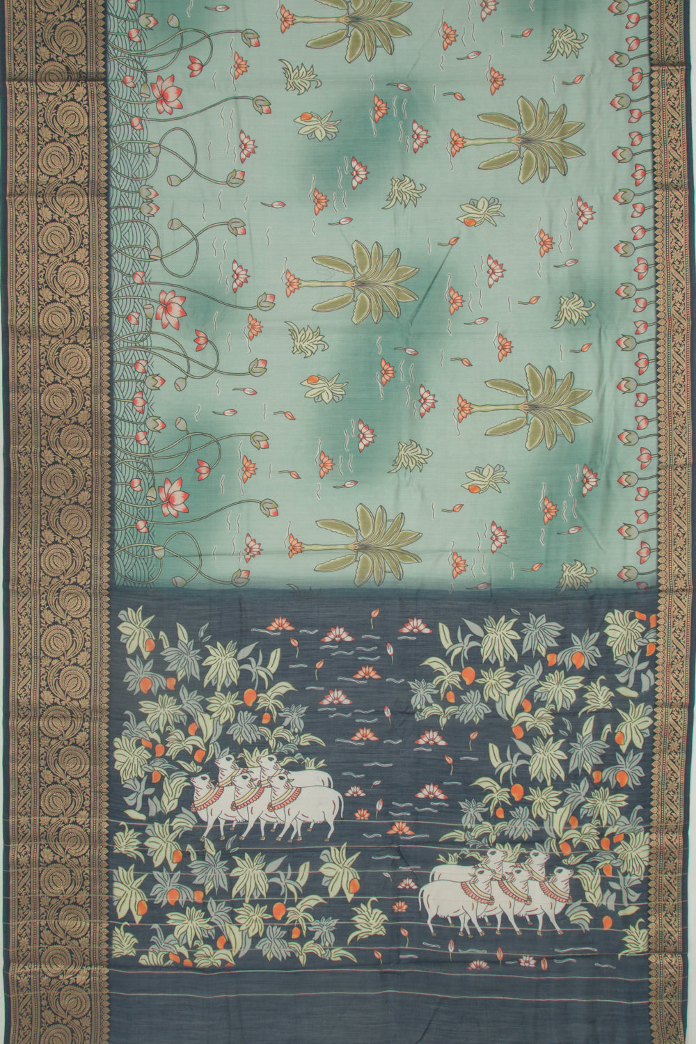 Chanderi Silk Pichwai Printed Green Saree