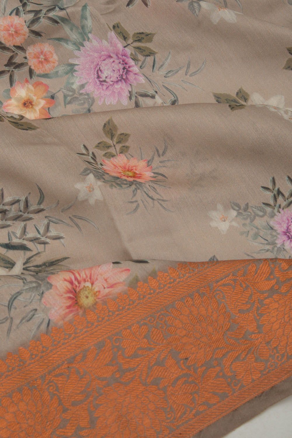 Chanderi Silk Floral Printed Grey Saree