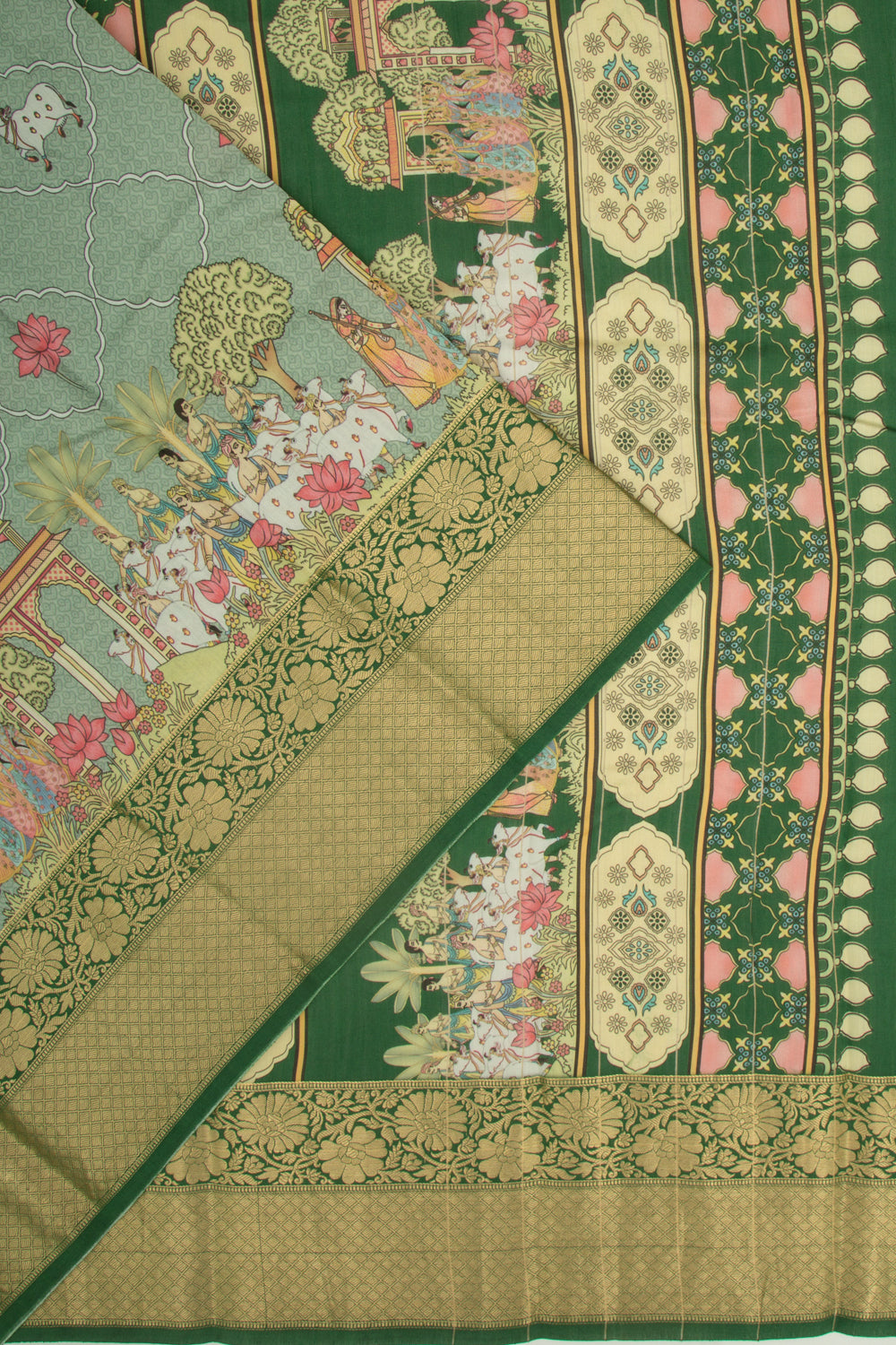 Chanderi Silk Pichwai Printed Green Saree