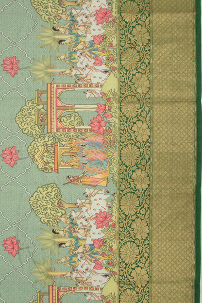 Chanderi Silk Pichwai Printed Green Saree
