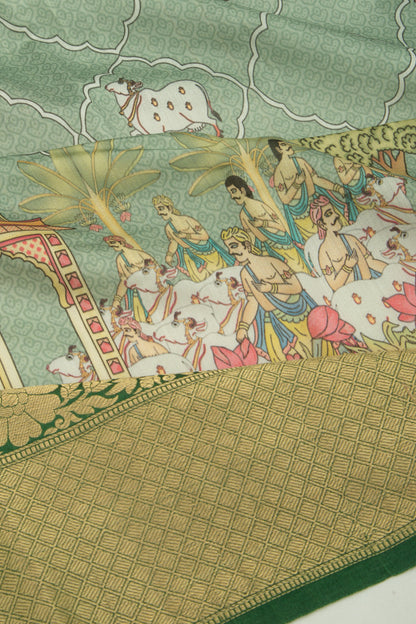 Chanderi Silk Pichwai Printed Green Saree