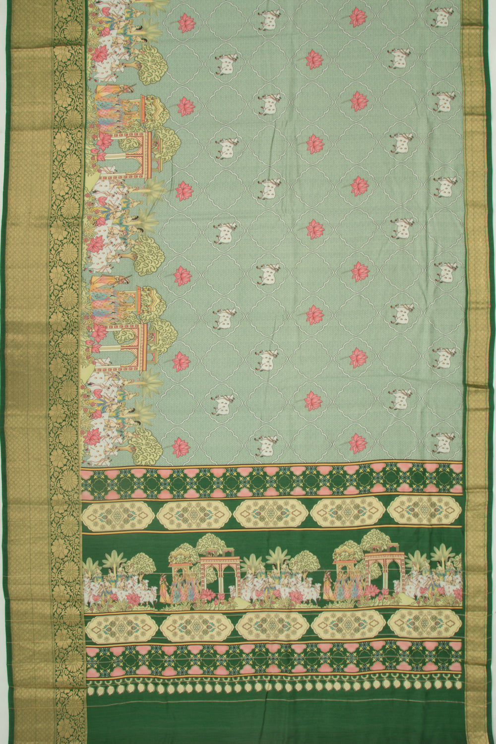 Chanderi Silk Pichwai Printed Green Saree
