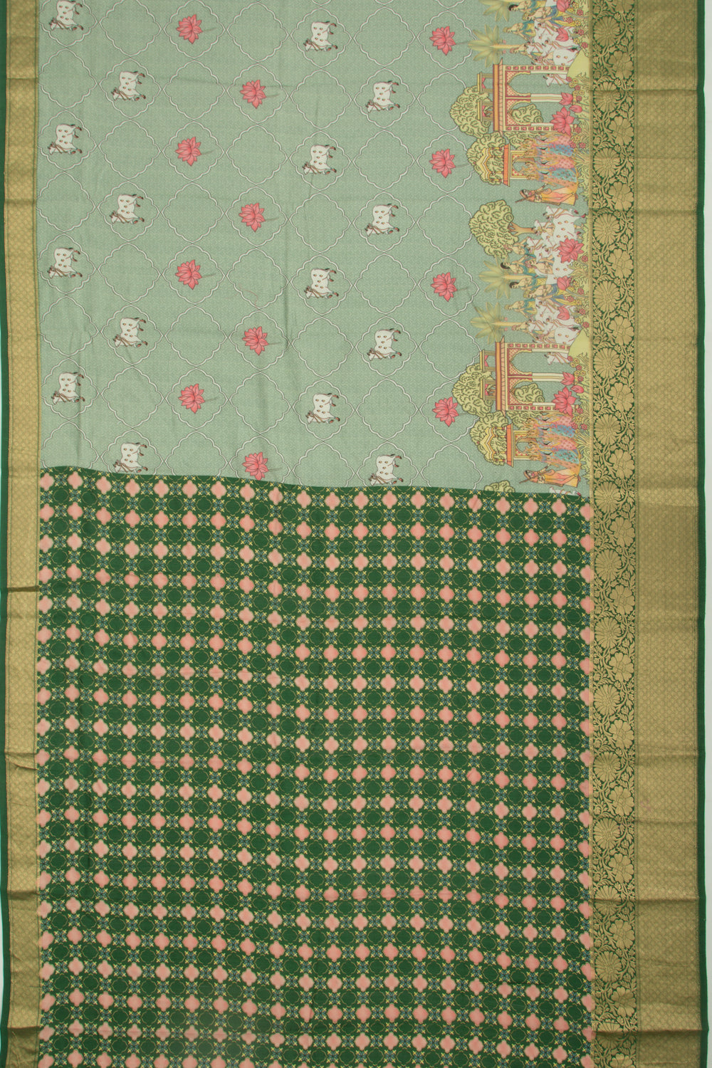 Chanderi Silk Pichwai Printed Green Saree