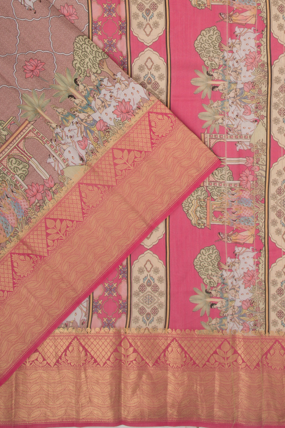 Chanderi Silk Pichwai Printed Brown Saree