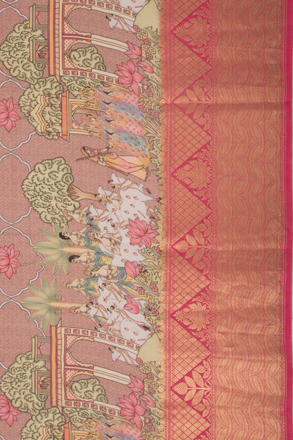 Chanderi Silk Pichwai Printed Brown Saree