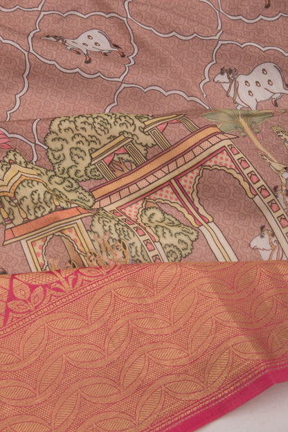 Chanderi Silk Pichwai Printed Brown Saree