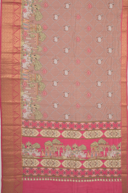 Chanderi Silk Pichwai Printed Brown Saree