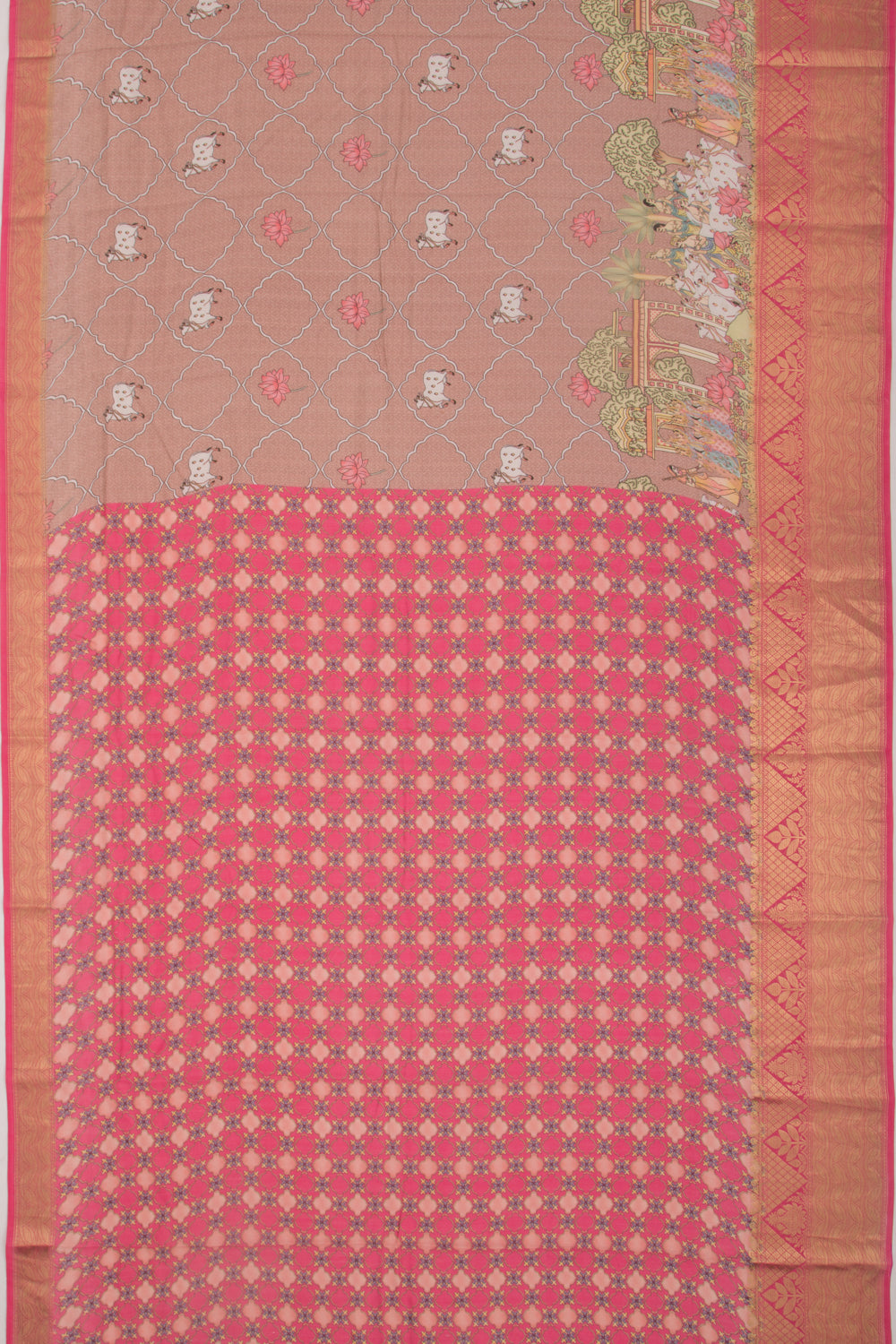 Chanderi Silk Pichwai Printed Brown Saree