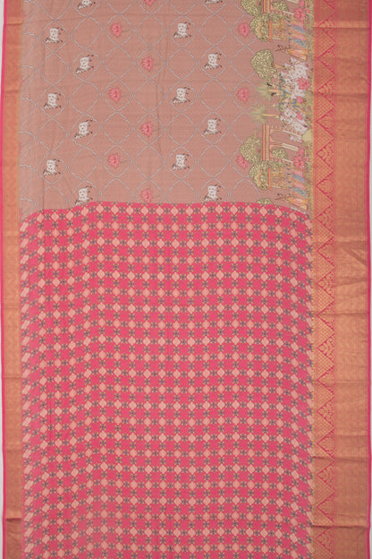 Chanderi Silk Pichwai Printed Brown Saree