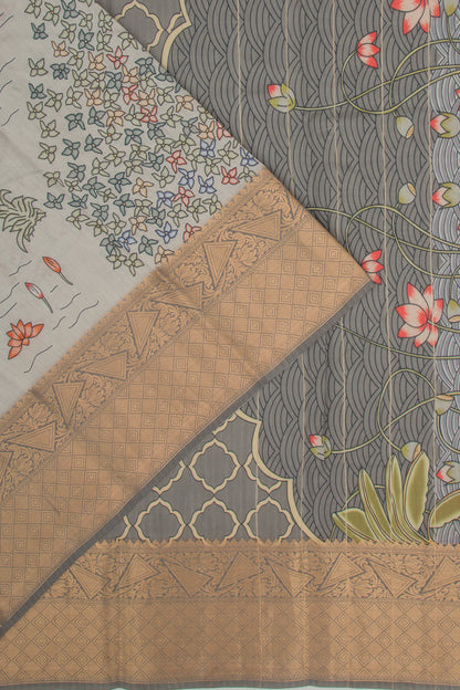 Chanderi Silk Pichwai Printed Pastel Grey Saree