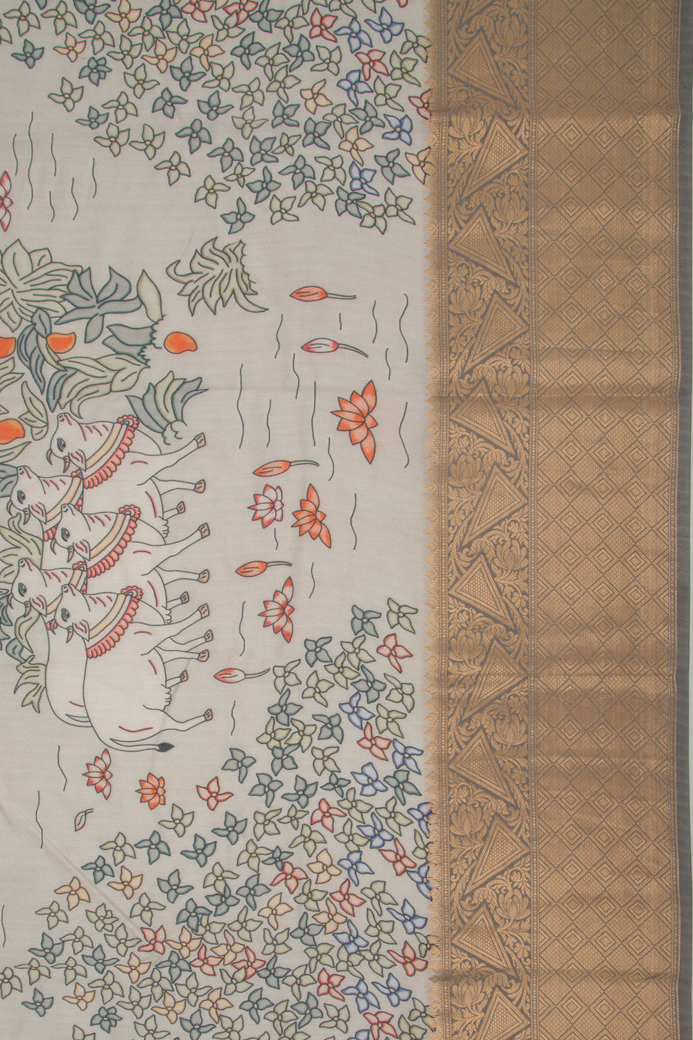 Chanderi Silk Pichwai Printed Pastel Grey Saree