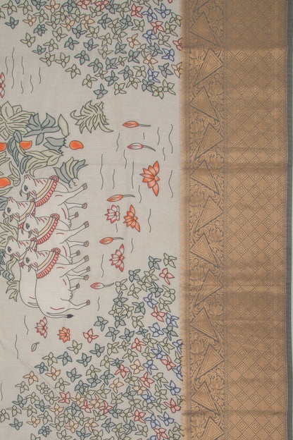 Chanderi Silk Pichwai Printed Pastel Grey Saree