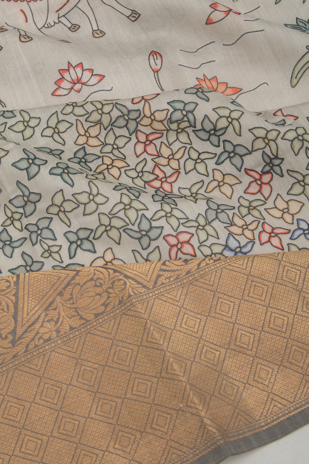 Chanderi Silk Pichwai Printed Pastel Grey Saree