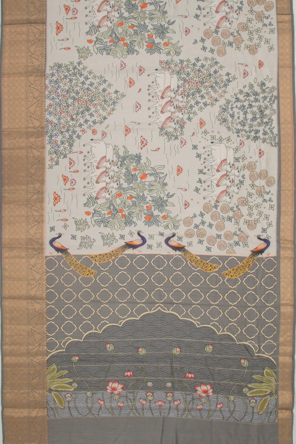 Chanderi Silk Pichwai Printed Pastel Grey Saree