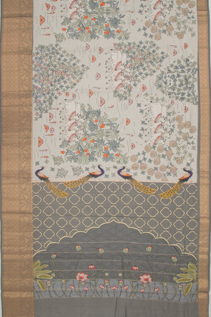 Chanderi Silk Pichwai Printed Pastel Grey Saree