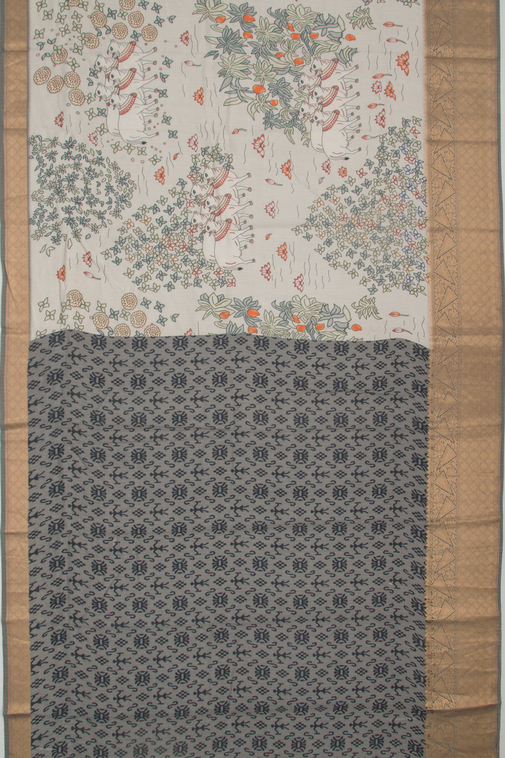 Chanderi Silk Pichwai Printed Pastel Grey Saree