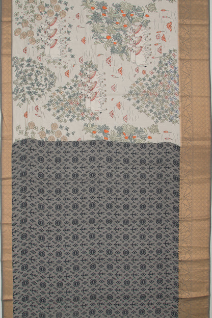 Chanderi Silk Pichwai Printed Pastel Grey Saree
