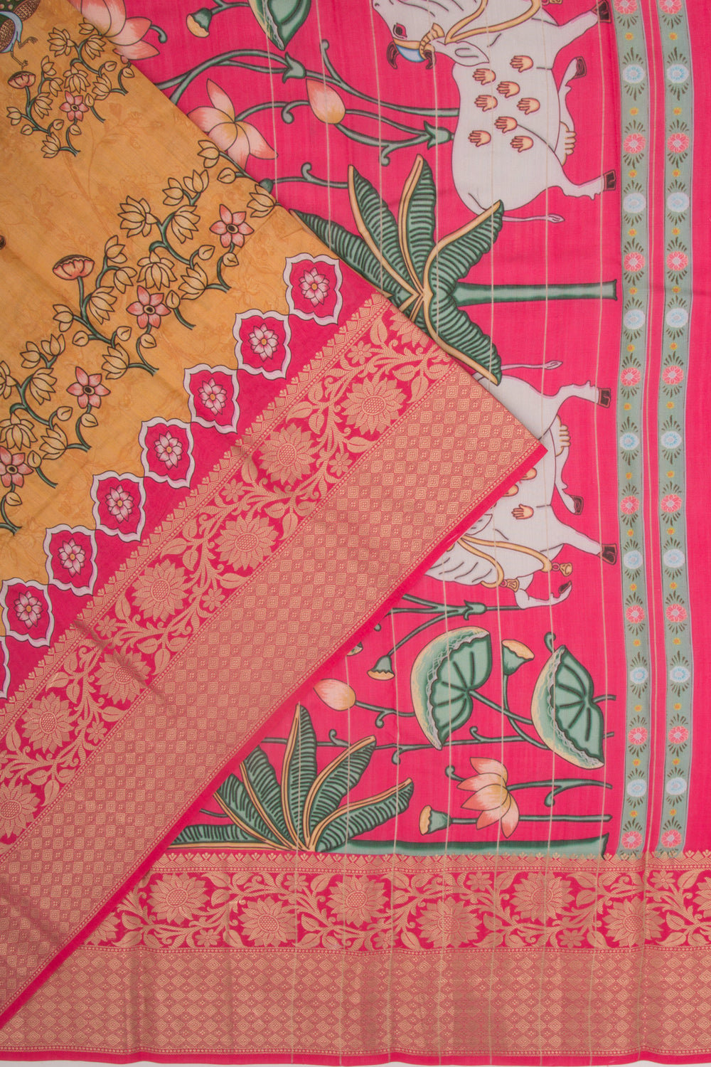 Chanderi Silk Pichwai Printed Mustard Yellow Saree