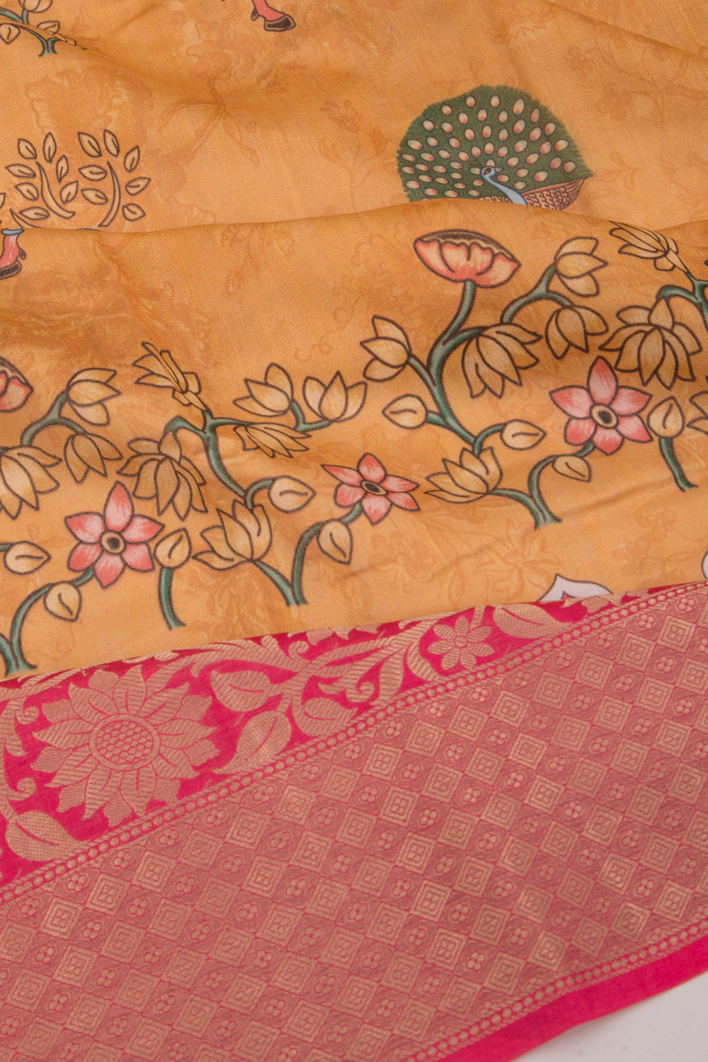 Chanderi Silk Pichwai Printed Mustard Yellow Saree