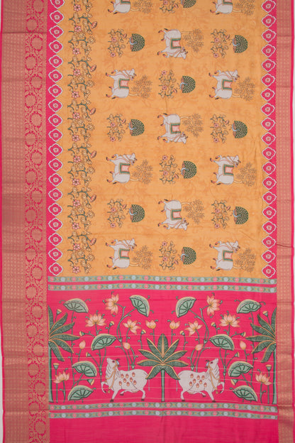 Chanderi Silk Pichwai Printed Mustard Yellow Saree