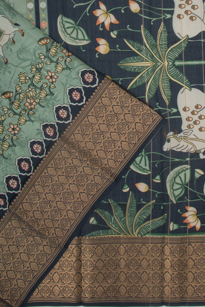 Chanderi Silk Pichwai Printed Green Saree