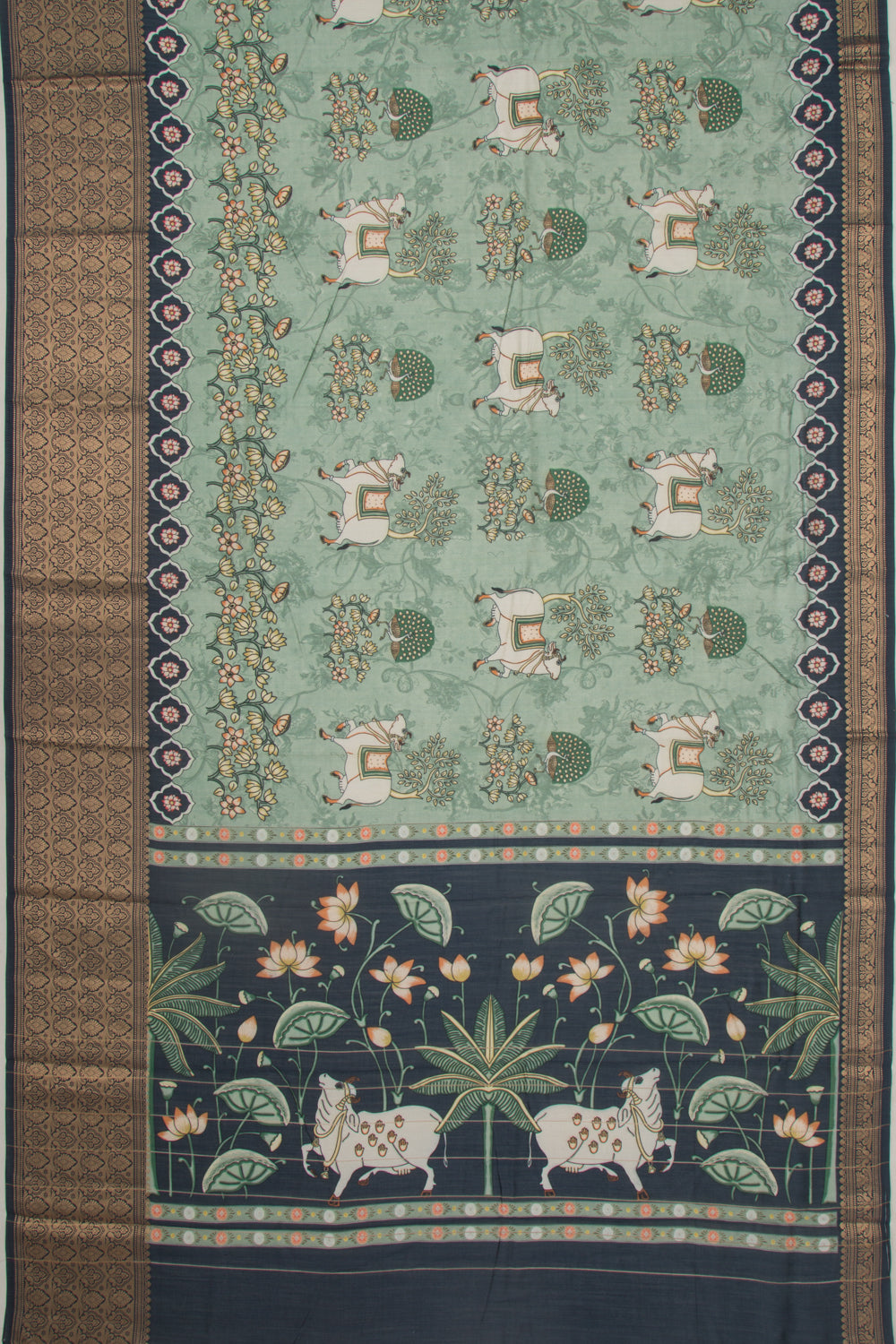 Chanderi Silk Pichwai Printed Green Saree