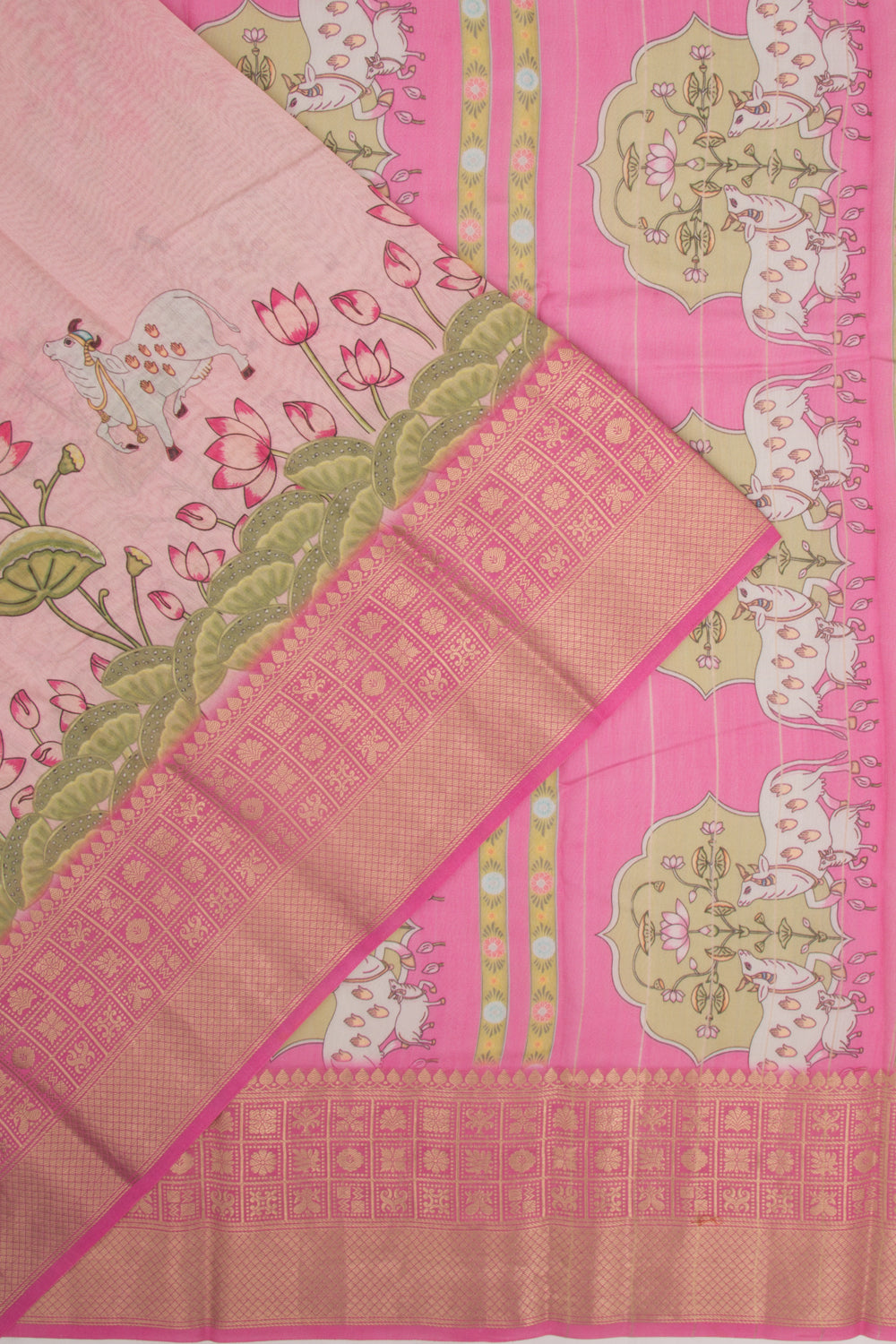 Chanderi Silk Pichwai Printed Baby Pink Saree