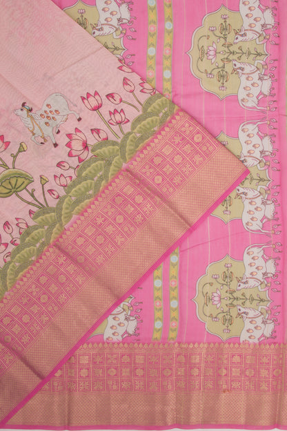Chanderi Silk Pichwai Printed Baby Pink Saree