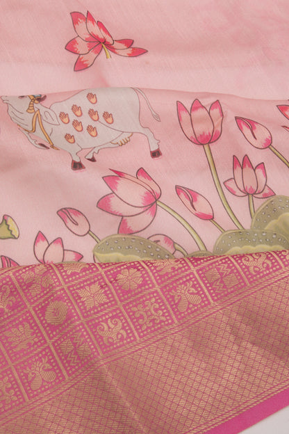 Chanderi Silk Pichwai Printed Baby Pink Saree