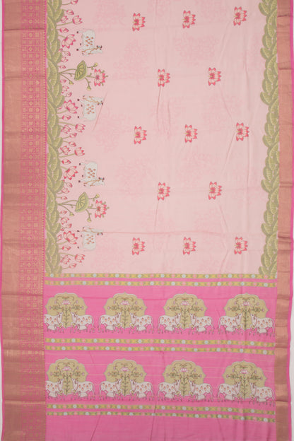 Chanderi Silk Pichwai Printed Baby Pink Saree