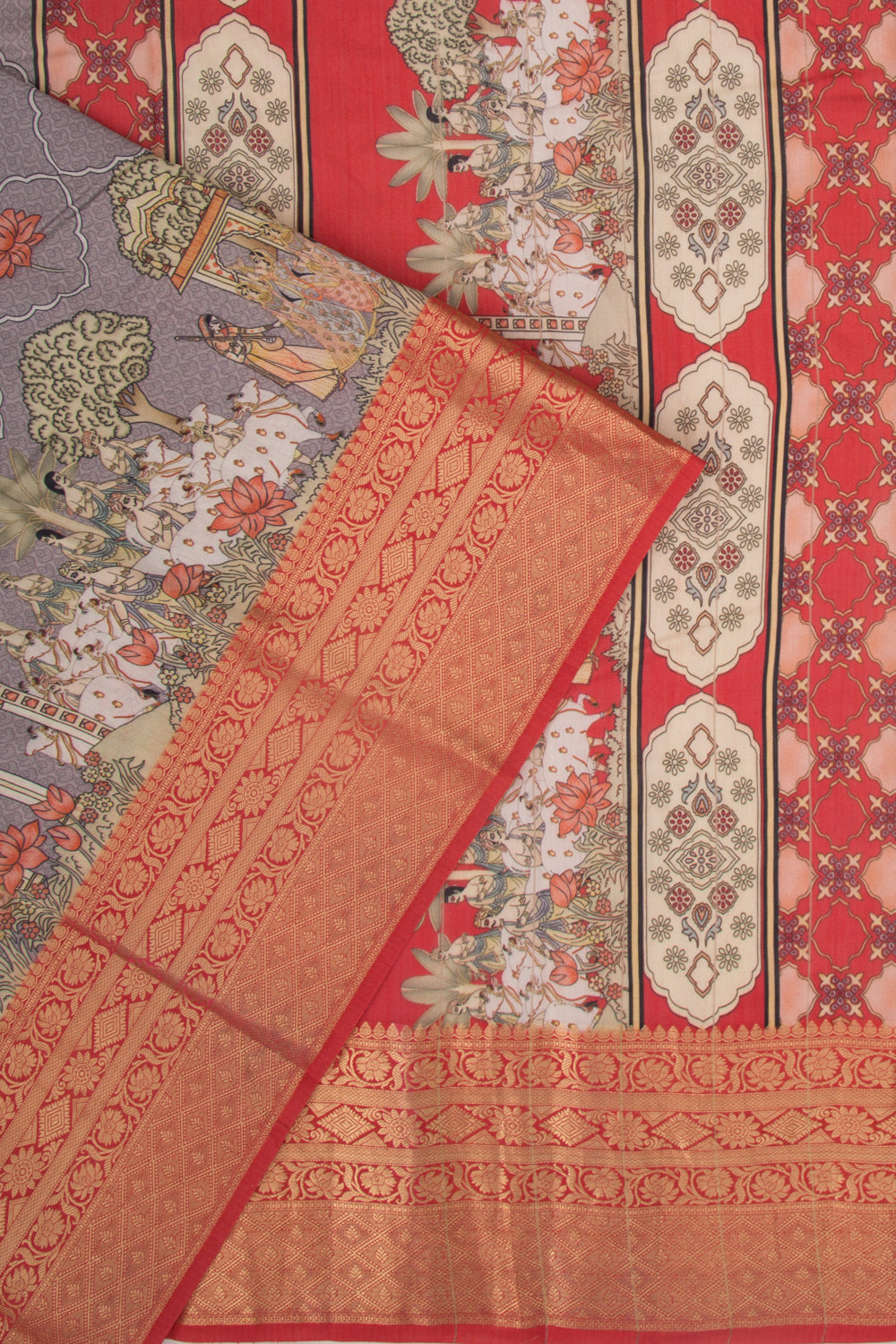 Chanderi Silk Pichwai Printed Grey Saree