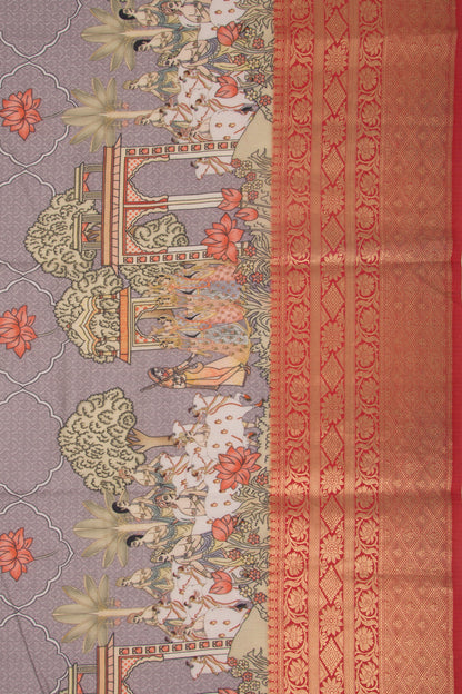 Chanderi Silk Pichwai Printed Grey Saree