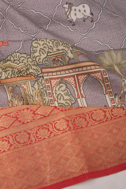 Chanderi Silk Pichwai Printed Grey Saree
