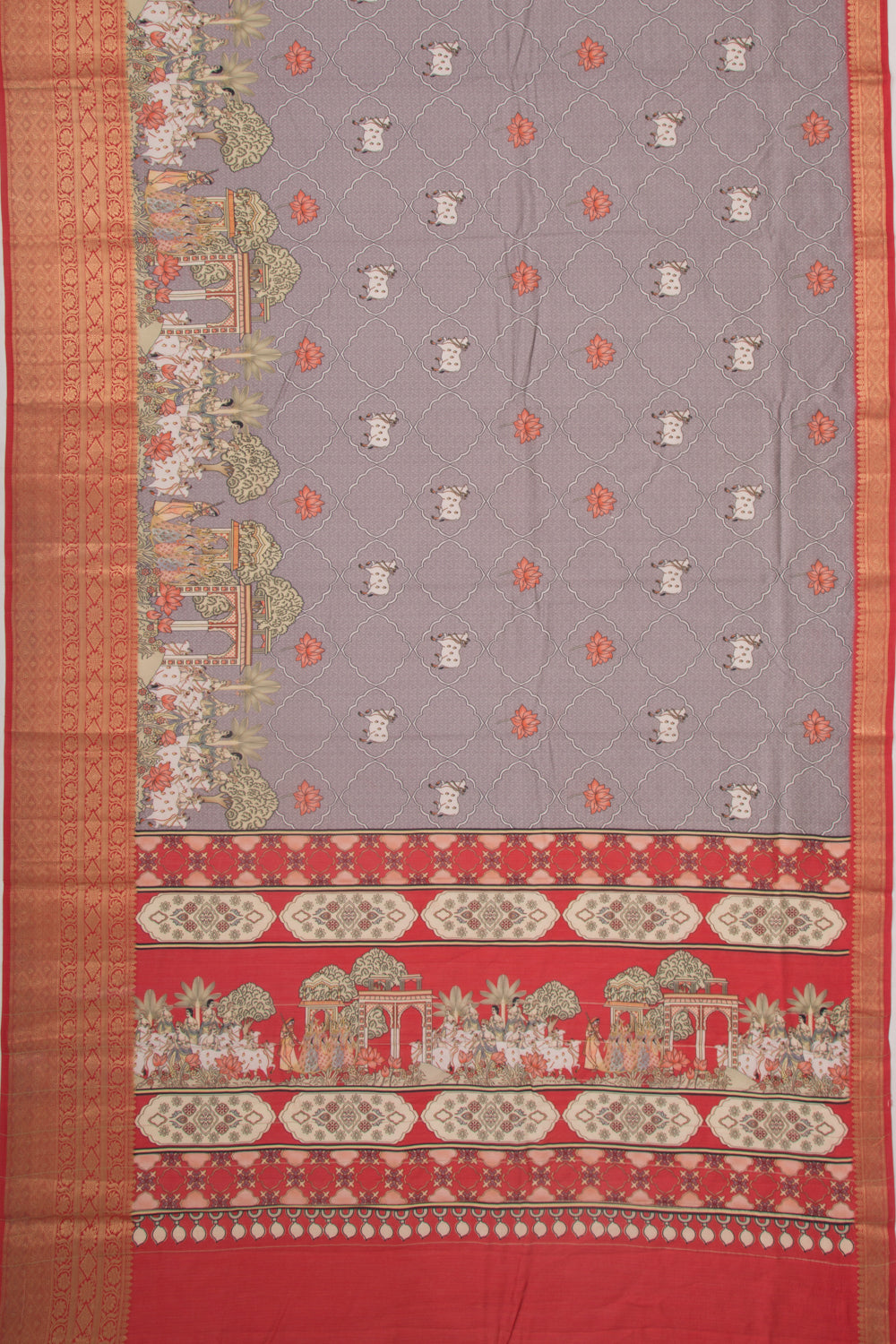 Chanderi Silk Pichwai Printed Grey Saree