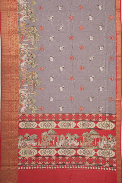 Chanderi Silk Pichwai Printed Grey Saree