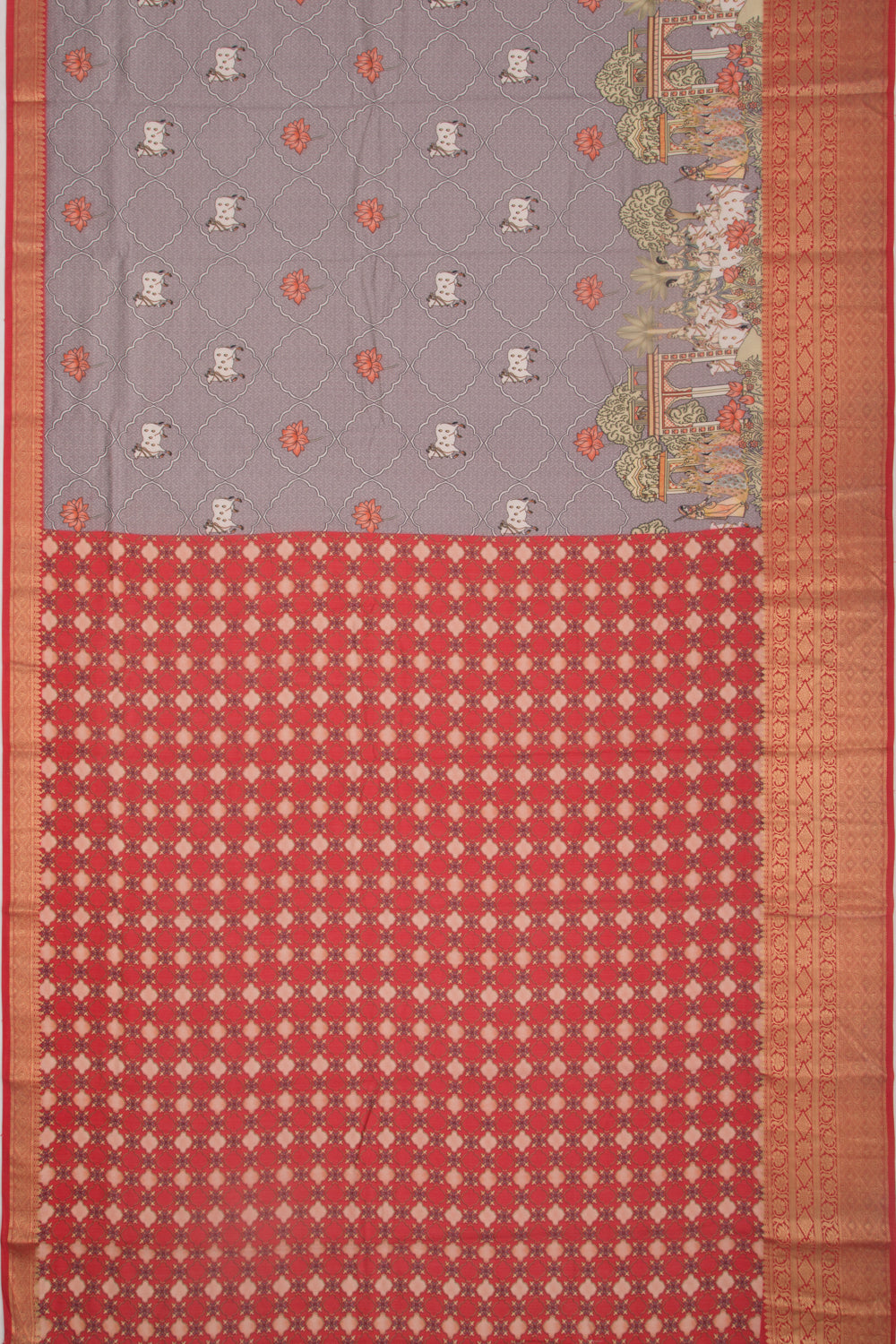 Chanderi Silk Pichwai Printed Grey Saree