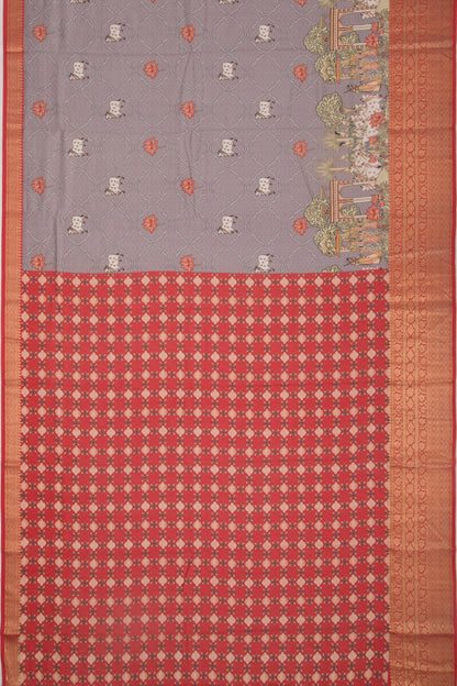 Chanderi Silk Pichwai Printed Grey Saree