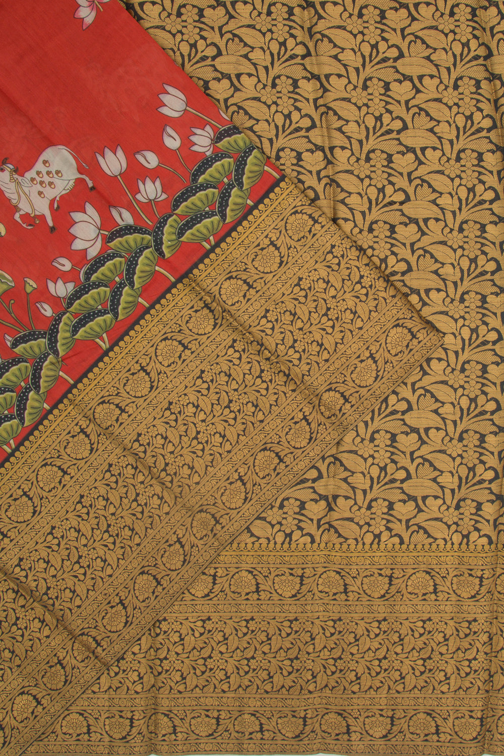 Chanderi Silk Pichwai Printed Brick Red Saree