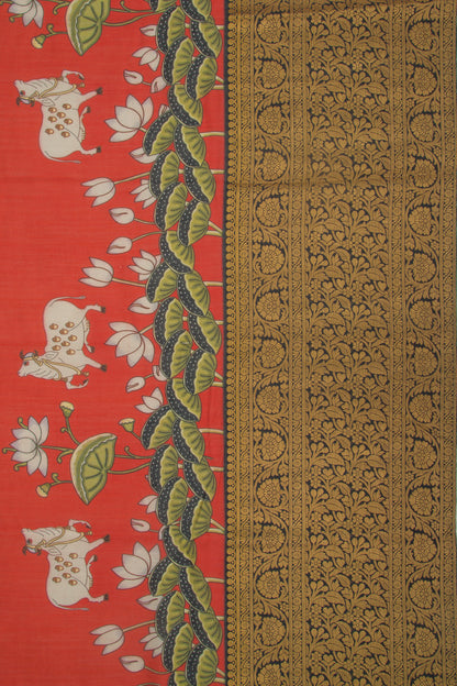 Chanderi Silk Pichwai Printed Brick Red Saree