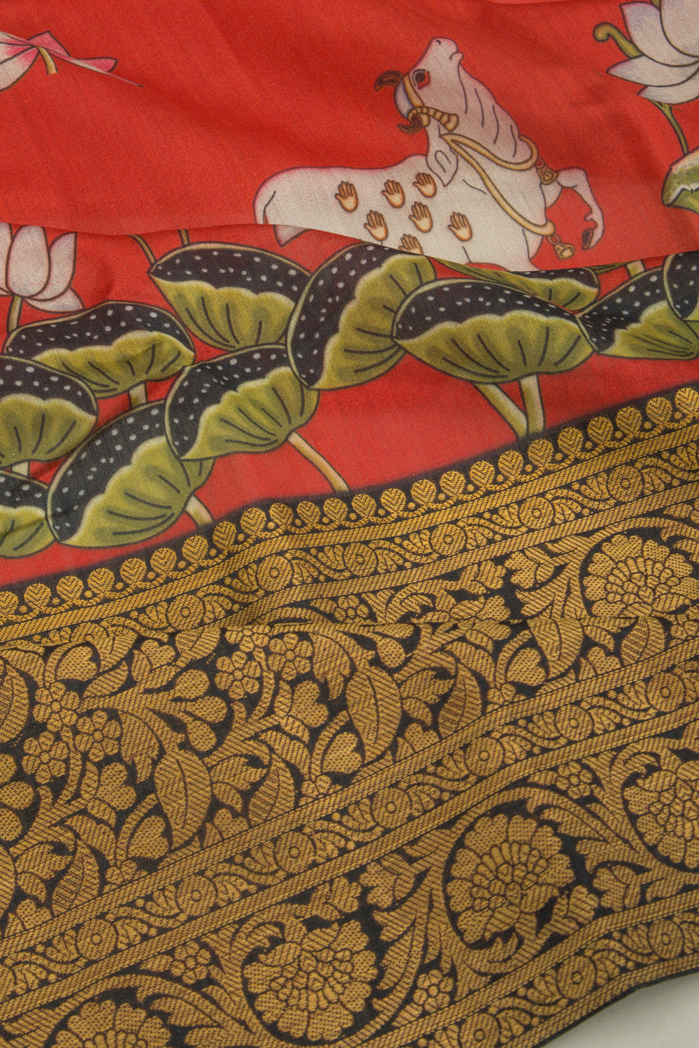 Chanderi Silk Pichwai Printed Brick Red Saree