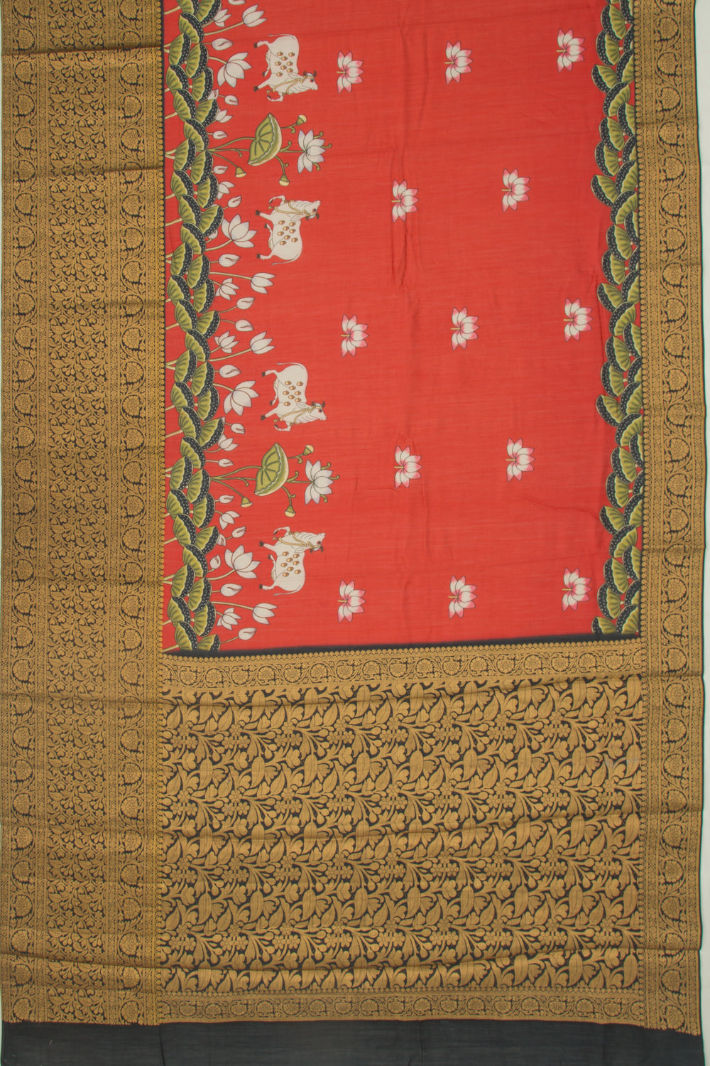 Chanderi Silk Pichwai Printed Brick Red Saree