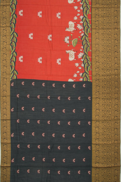 Chanderi Silk Pichwai Printed Brick Red Saree