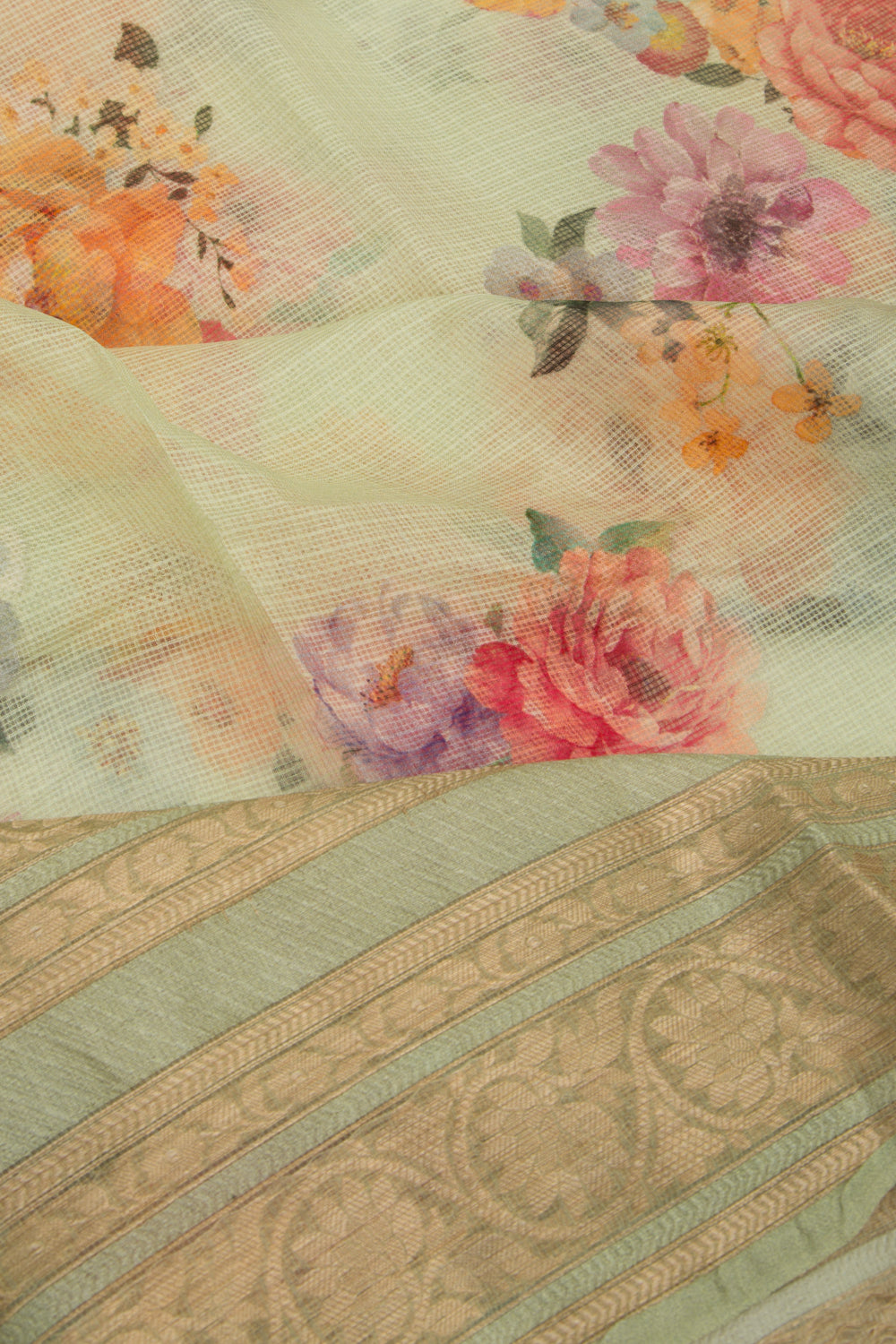 Kota Soft Silk Floral Printed Pastel Green Saree